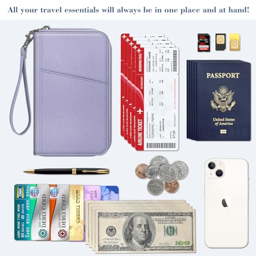 FINTIE Family Passport Holder Wallet Travel Document Organizer Clutch Bag | RFID Blocking Credit Cards Case Cover for Women Men - color: Lilac Purple