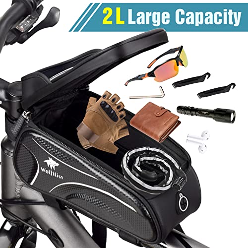 WOLFILIST Bike Frame Bag - Waterproof Bicycle Phone Holder Bike Accessories | 3D EVA Hard Shell with TPU Touchscreen & Rain Cover, Fits 7" Phones 1.5/2L Large Capacity Straps for Bike/E-Bike Adult Gifts