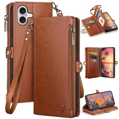 XcaseBar Compatible with iPhone 17 6.3" Wallet case with Zipper Credit Card Holder【RFID Blocking】,Flip Folio Book PU Leather Phone case Shockproof Cover Women Men for Apple 17 case Light Brown - color: Light Brown, size: iPhone 17 6.3"