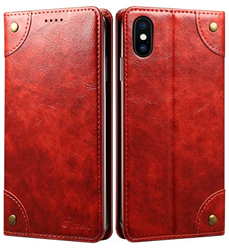 SINIANL iPhone Xs Case, iPhone X Case, Leather Wallet Folio Case Book Design Flip Cover with Stand and ID Credit Card Slot Magnetic Closure for iPhone Xs/X - color: Red, size: iPhone X / XS (5.8 inch)