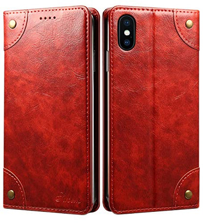 SINIANL iPhone Xs Case, iPhone X Case, Leather Wallet Folio Case Book Design Flip Cover with Stand and ID Credit Card Slot Magnetic Closure for iPhone Xs/X - color: Red, size: iPhone X / XS (5.8 inch)
