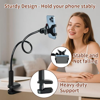 Gooseneck Phone Holder for Bed - Cell Phone Mount Clamp Clip, 360° Flexible Arm, Compatible with iPhone 17 16 15 14 13 12 11 Pro Max Xs Xr X8, Overhead Mount for Desk Phone Holder for 4–7" Smartphones - color: Clamp Mount