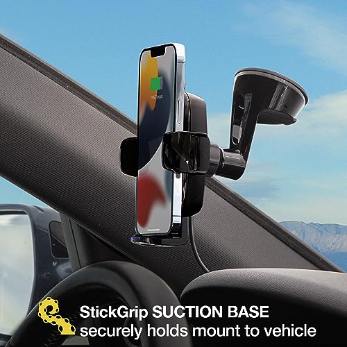 Scosche UQ3WDV-SP Windshield/Dashboard/Vent Qi-Certified 15W Wireless Charging Universal Cell Phone Car Mount, Adjustable Hands-Free Cell Phone Holder with Stick Grip, Black - style: Windshield / Dash / Vent