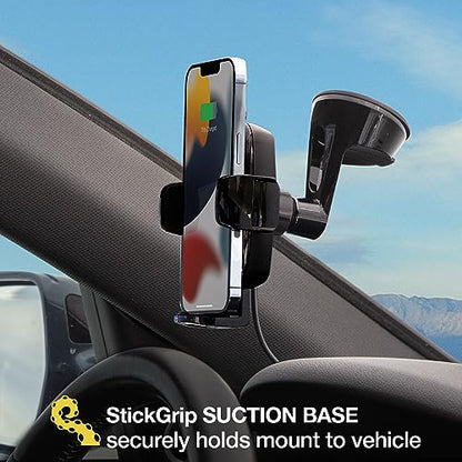 Scosche UQ3WDV-SP Windshield/Dashboard/Vent Qi-Certified 15W Wireless Charging Universal Cell Phone Car Mount, Adjustable Hands-Free Cell Phone Holder with Stick Grip, Black - style: Windshield / Dash / Vent