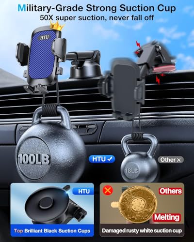 HTU Car Phone Holder【2026 Upgraded 100+LBS Suction & Safety Cert】 Cell Phone Car Mount for Truck Heavy Duty Phone Holder for Dashboard/Windshield/Vent for iPhone 17 16 Pro Max, Sapphire Blue - color: Sapphire Blue