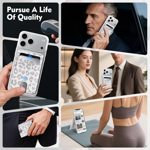 RFID Blocking MagSafe Wallet Stand with Card Holder,5 Card Slots & ID Window,PU Leather Magnetic Adjustable Kickstand for iPhone 12/13/14/15/16/17 Pro Max & Air Plus Series,Leopard-White - color: Leopard-White, style: Stand Wallet