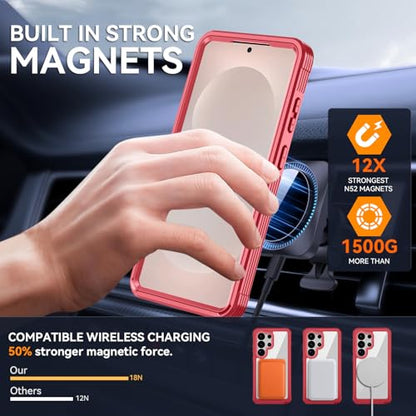 Magnetic for Samsung Galaxy S26 Ultra Case, Compatible with MagSafe, Full Body Rugged Case with Built-in Screen Protector & Kickstand & Belt-Clip (Red) - color: Red