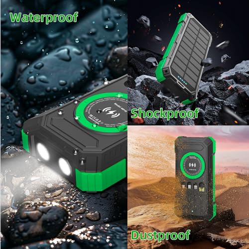 Solar Charger Power Bank 49800mAh Wireless Portable Phone Charger, 22.5W QC3.0 Fast Charging Built in 4 Cables with USB C 6 Outputs & 2 Inputs for All Cell Phone - color: Military Green