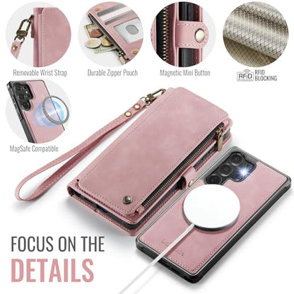 Defencase for Galaxy S22 Ultra Case Wallet Compatible with Magsafe, Pink | Magnetic Detachable, RFID Bolcking Card Holder, Zipper Strap, PU Leather Drop-Proof Phone Cover for Samsung Galaxy S22 Ultra - color: (Detachable with Magsafe)-Pink