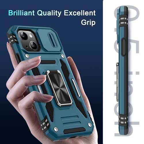 DEERLAMN Case for iPhone 15 with Slide Camera Cover + Screen Protector (2 Packs), Rotated Ring Kickstand Military Grade Shockproof Protective Cover-Light Blue - color: Light Blue