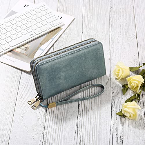 GAEKEAO RFID Leather Wristlet Wallet for Women with Grip Strap | Large capacity clutch wallet, credit card holder, wrist strap, zipper purse, travel and shopping - color: A06 Retro Light Blue-1