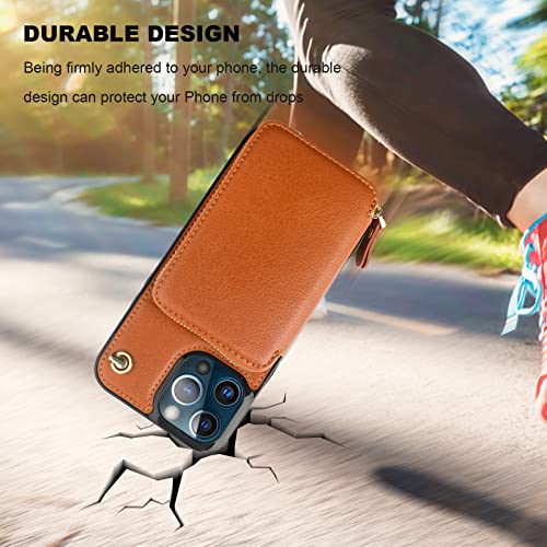 Bocasal Multi-Slot Crossbody Wallet Case for iPhone 12 Pro Max, Brown | RFID Blocking PU Leather Purse Case with Card Holder, Handbag Flip Cover with Zipper Wrist Strap Lanyard for Women 6.7 Inch - color: Brown