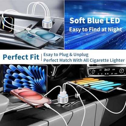 2Pack 67W USB C Car Charger, Rombica 3-Port Car Phone Charger Fast Charging - color: Bright Silver