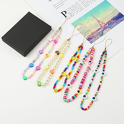 6PCS Beaded Phone Charms Strap Fruit Star Faux Pearl Rainbow Beads Phone Chains Beaded Lanyard for Camera Key Wallet Valentines Day Gifts for Her Women - style: Style6-1