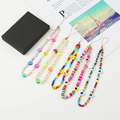 6PCS Beaded Phone Charms Strap Fruit Star Faux Pearl Rainbow Beads Phone Chains Beaded Lanyard for Camera Key Wallet Valentines Day Gifts for Her Women - style: Style6-1