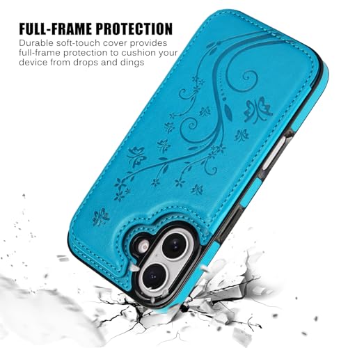 Wallet Case Compatible with iPhone 16 6.1”, Slim Protective Case with Card Holder,Premium PU Leather Kickstand Card Slots Case with Double Magnetic Clasp-Blue - color: Blue-F, size: iphone 16 6.1"