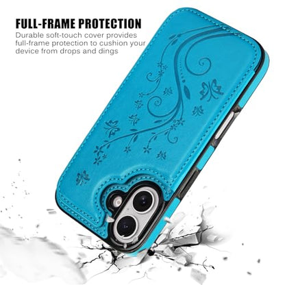 Wallet Case Compatible with iPhone 16 6.1”, Slim Protective Case with Card Holder,Premium PU Leather Kickstand Card Slots Case with Double Magnetic Clasp-Blue - color: Blue-F, size: iphone 16 6.1"