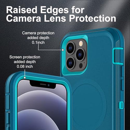 YKHJKLEC for iPhone 12/12 Pro Case, Compatible with Magsafe, Military Grade 3 in 1 Heavy Duty Shockproof/Drop Proof/Dust Proof with 2Pcs Tempered Glass Screen Protector (New-Blue/Turquoise) - color: New-Blue/Turquoise