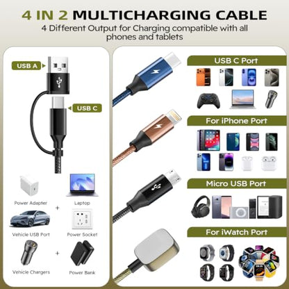 Travel Essentials 4in2 Multi Charging Cable for iPhone Watch Charger,2PK6FT - color: Dark Black&Blue&Green&Coffee, size: AC to 2C+L+iWatch