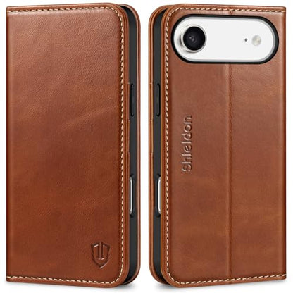 SHIELDON Genuine Leather Wallet Case for iPhone Air 6.5" 2025, Retro Brown | Magnetic Closure, RFID Blocking, Credit Card Holder, Kickstand, Folio Design, Shockproof Protective Cover - color: Retro Brown