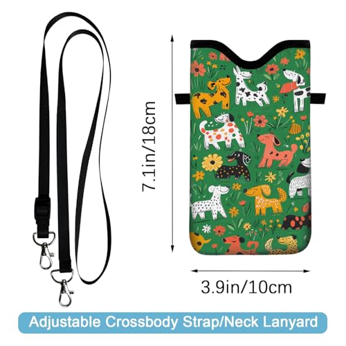 Neoprene Cell Phone Sleeve Pouch Case Bag with Crossbody Strap Neck Lanyard for Women 7.1 X 3.9 in Green Dog - color: Green Dog
