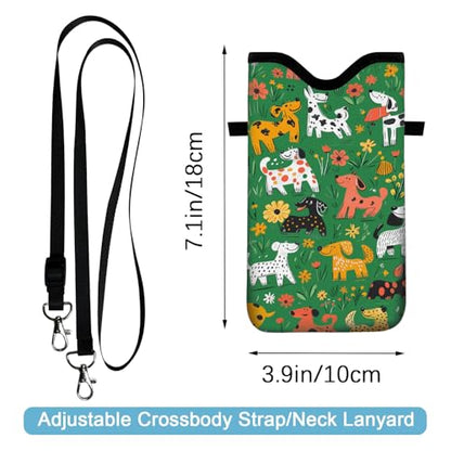 Neoprene Cell Phone Sleeve Pouch Case Bag with Crossbody Strap Neck Lanyard for Women 7.1 X 3.9 in Green Dog - color: Green Dog