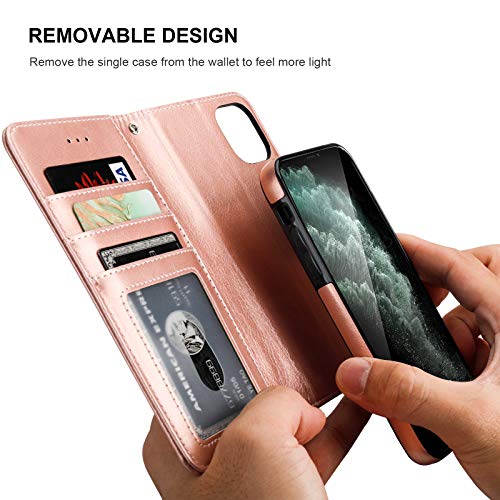Bocasal Detachable Wallet Case Card Holder for iPhone 11, Rose Gold | Kickstand Card Slots Holder PU Leather Magnetic Shockproof Wrist Strap Removable Flip Protective Cover 6.1 inch - color: Rose Gold