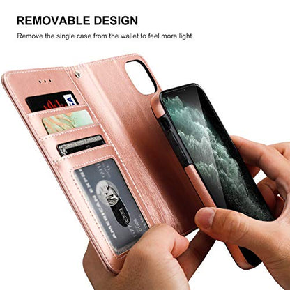 Bocasal Detachable Wallet Case Card Holder for iPhone 11, Rose Gold | Kickstand Card Slots Holder PU Leather Magnetic Shockproof Wrist Strap Removable Flip Protective Cover 6.1 inch - color: Rose Gold
