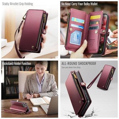 Defencase for iPhone 15 Pro Wallet Case with RFID Card Holder, Wine Red | Durable Soft PU Leather, with Zipper Pocket, Wrist Strap, Fashion Snap Flip Phone Cases Cover with Stand for Women and Men - color: Wine Red