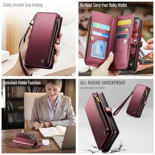 Defencase for iPhone 13 Pro Wallet Case with RFID Card Holder, Wine Red | Durable Soft PU Leather, with Zipper Pocket, Wrist Strap, Fashion Snap Flip Phone Cases Cover with Stand for Women and Men - color: Wine Red