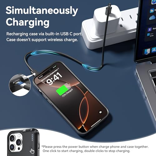 NEWDERY Battery Case for iPhone 16 Pro Max USB C Power Bank Black 8000mAh | Protective Portable Power Bank, CarPlay, Sync Data Supported, Rechargeable Charger Case 6.9", Black - size: iPhone 16 Pro Max-8000mAh