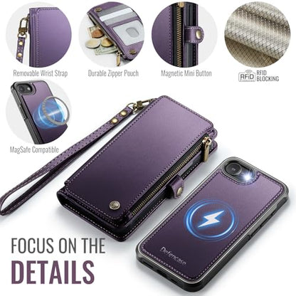 Defencase for iPhone 17e/16e Case Wallet Compatible with Magsafe, Purple | Drop-Proof Magnetic Detachable Phone Cases Cover, with RFID Bolcking Card Holder, Zipper Strap, PU Leather, Removable Wallet - color: (Detachable with Magsafe)-Purple
