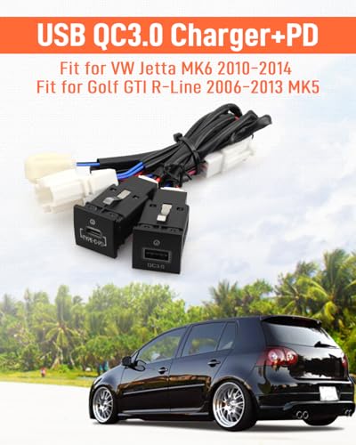 USB-C PD Charger for VW Golf GTI R-Line MK5 MK6, Jetta MK6, Scirocco, Touran 2006-2015 - Dual USB QC3.0 Charger with Quick Charge 3.0 Technology