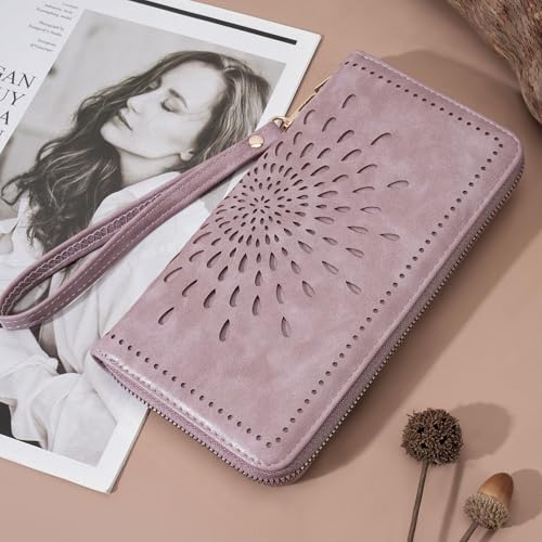 APHISON Wallet Women Large Capacity Clutch Purse For Ladies Card Holder RFID Wristlet Phone Zipper Coin Travel Pocket - color: 08-purple