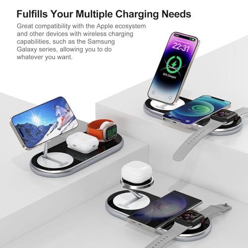 3 in 1 Charging Station for Apple Devices, Faster Mag-Safe Charger Stand, Magnetic Wireless Charger Station for iPhone 17 16 15 14 13 12 Pro Max Plus, Apple Watch iwacth & AirPods, Adjustable Angle - color: Crystal Silver