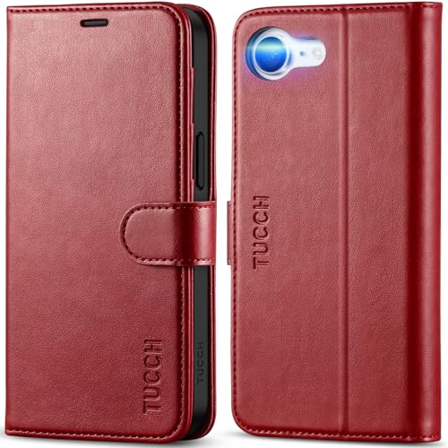 TUCCH Wallet Case for iPhone 17e & 16e (6.1"), 4 Card Slots, Dark Red | RFID Blocking, Viewing Stand, Shockproof TPU Shell, PU Leather, Magnetic Closure, Protective Folio Flip Cover - color: Dark Red
