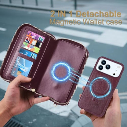 Harryshell Compatible with iPhone 17 Pro Max Case Wallet Multi Zipper Detachable Removable Cover with RFID Blocking Card Slot Holder Mirror Crossbody Strap (Compatible with Magsafe-Quilted Burgundy) - color: Compatible with Magsafe - Quilted Burgundy, siz