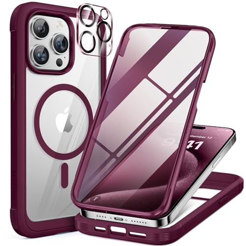 Miracase Magnetic for iPhone 12 Pro Max Case [Compatible with MagSafe] Full-Body Phone case with Built-in Glass Screen Protector& Camera Protector, Military Drop Proof 12 Pro Max Cover, Wine Red - color: Magnetic Plum, size: iPhone 12 Pro Max