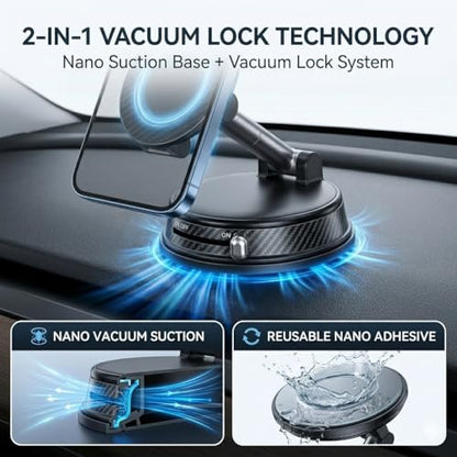 Magnetic Car Phone Holder for MagSafe, Vacuum Suction Mount, 360° Adjustable Dashboard & Windshield Mount, Strong N52 Magnetic Phone Holder for iPhone 17/16/15/14, Samsung Galaxy, Metal Ring Included
