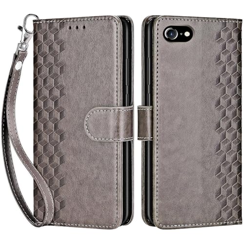 for iPhone SE 2022/7/8/SE 2020 Wallet case, Gray-Cube | 3 Card Holders, Kickstand, Shockproof TPU Shell, PU Leather, Magnetic Closure, Protective Flip Folio Cover, Women - color: 10