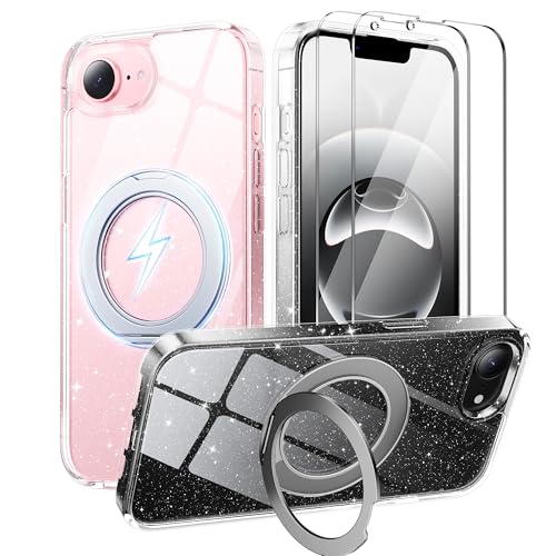 360°Ring Stand for iPhone 16E/17E Case with 1X Screen Protector +1X Camera Cover,Fit for MagSafe, Anti-Yellowing & Scratch-Resistant Back Phone Case for iPhone 16E/17E 6.1", Clear Glitter Stand - color: Clear Glitter Stand, size: iPhone 16E/17E