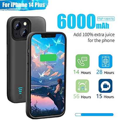 Sitong Battery Case for iPhone 14 Plus, 6000mAh Rechargeable Extended Battery Charging/Charger Case, Add 100% Extra Juice (6.7 Inches) Black