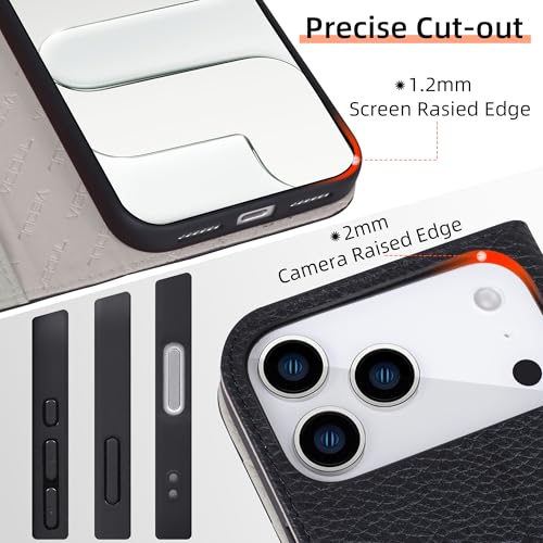 VISOUL Pebbled Leather Wallet Case for iPhone 17 Pro Max 6.9" 2025, Genuine Leather Flip Folio Cover with RFID Blocking Card Holders, Kickstand, Soft TPU Protective Flip Cover -Black+Gray - color: Black+Gray