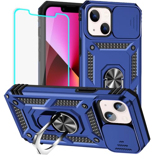 HNHYGETE for iPhone 13 Case with HD Screen Protector: [Military Grade 20ft. Drop Tested] Slide Camera Cover Ring Shockproof Protective Phone Case for - iPhone 13 (Blue) - color: Blue, size: iPhone 13
