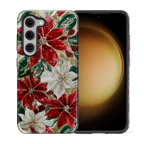 Case for Samsung Galaxy S23, 2 in 1 PC Hard Shell & Silicone Inner Bumper, AntiScratch Fullbody Cover Shockproof Slim Design Christmas Florals Faux Mosaic - color: Christmas Florals Faux Mosaic, size: Galaxy S23