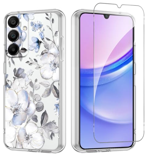 Flower Phone Case Floral for Samsung Galaxy A15 5G 6,5'' with Screen Protector, Clear Transparent Phone Cover Slim Soft Shockproof Anti-Scratch Drop Protection Funda for Girls Women, 04 - color: Flower 04, size: Samsung Galaxy A15 5G