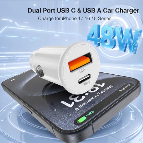 48W USB C Car Charger, Dual Port USB-C & USB-A Car Fast Charging Adapter - color: White, size: 3ft