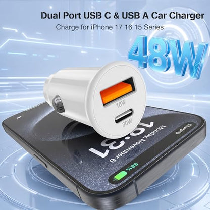 48W USB C Car Charger, Dual Port USB-C & USB-A Car Fast Charging Adapter - color: White, size: 3ft