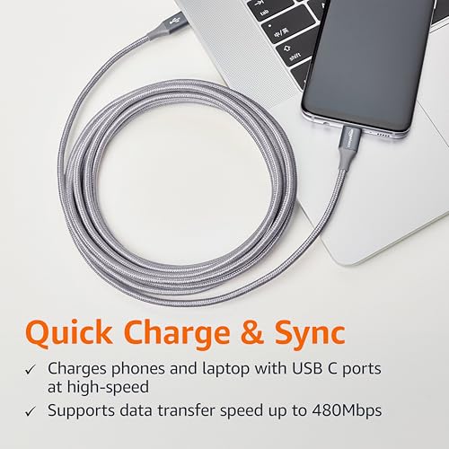 Amazon Basics Nylon Braided USB-C to USB-C 2.0 Fast Charger Cable, 60W, 480Mbps Speed, USB-IF Certified, for Apple iPhone 16/15, iPad, Samsung Galaxy, Tablets, Laptops, 10 Foot, Dark Gray - color: Dark Grey, size: 10 Feet