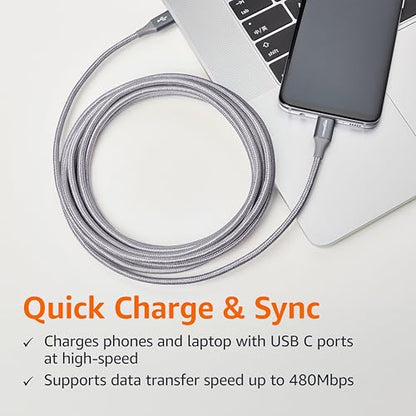Amazon Basics Nylon Braided USB-C to USB-C 2.0 Fast Charger Cable, 60W, 480Mbps Speed, USB-IF Certified, for Apple iPhone 16/15, iPad, Samsung Galaxy, Tablets, Laptops, 10 Foot, Dark Gray - color: Dark Grey, size: 10 Feet